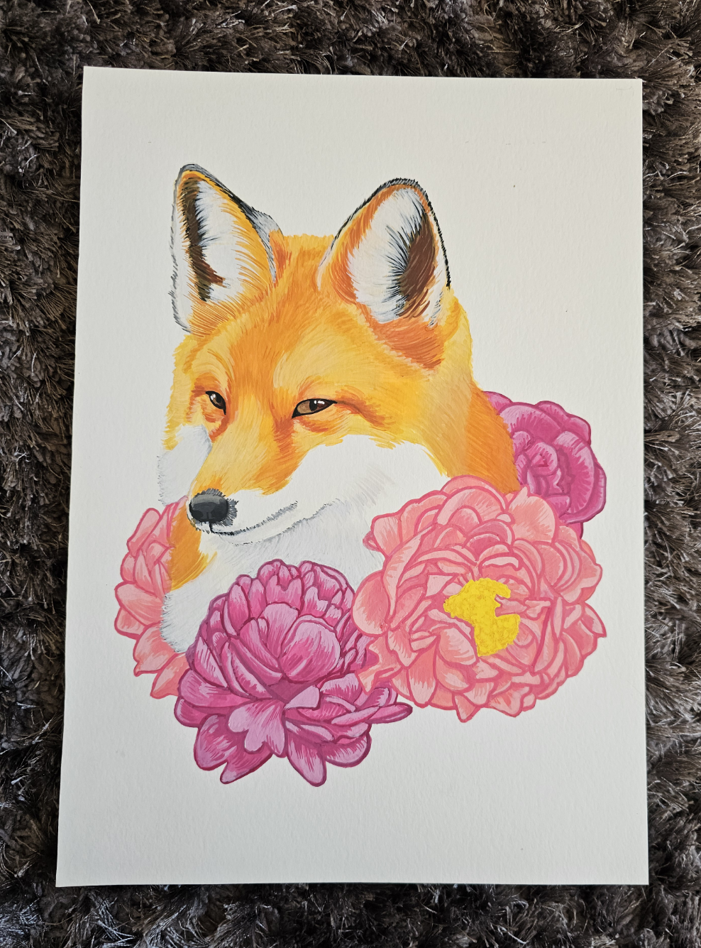 A4 Fox and Pink Peonies Original Gouache Painted Artwork
