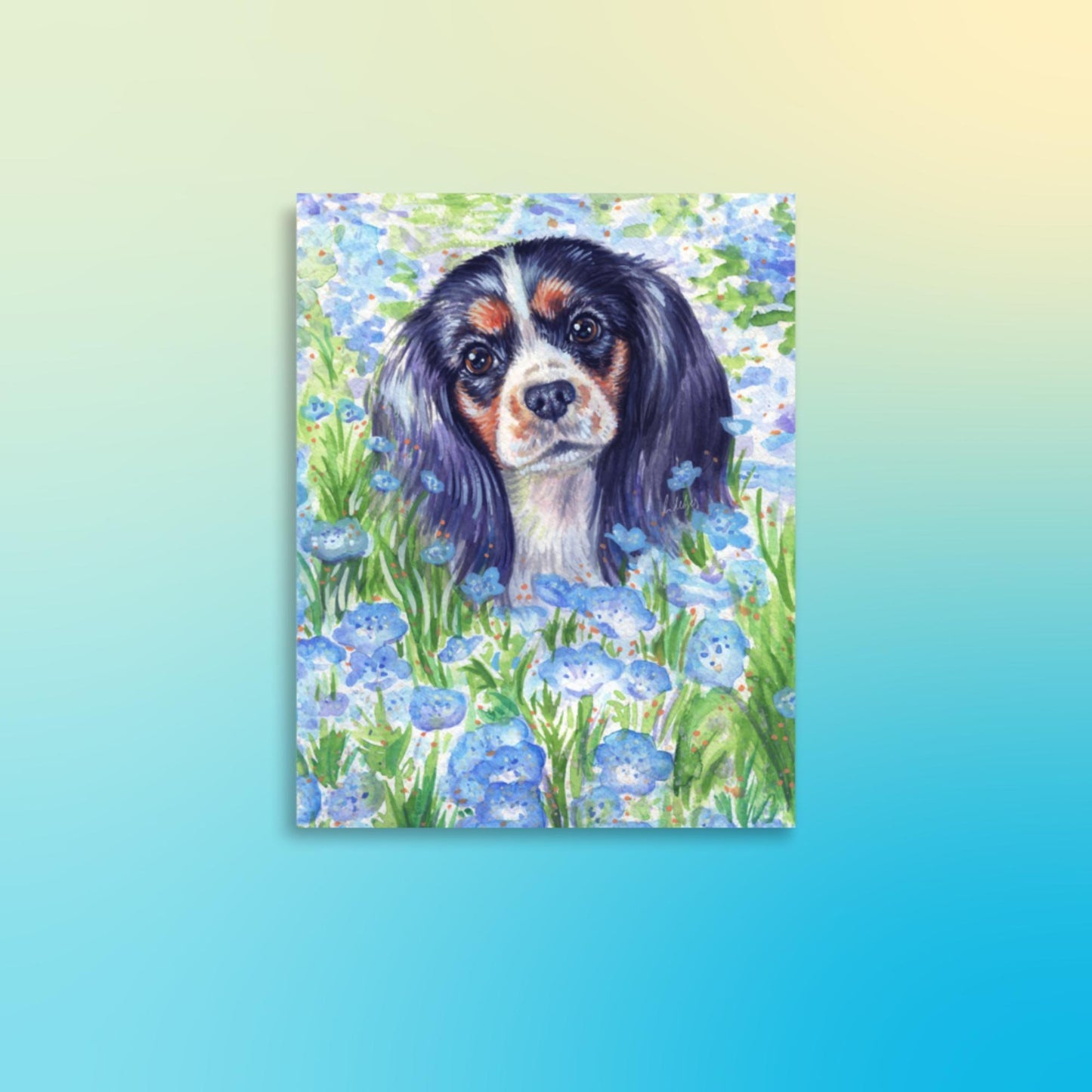 Tri Cavalier King Charles Spaniel Art Print - Blue Flowers - Jolly Pet Portraits
