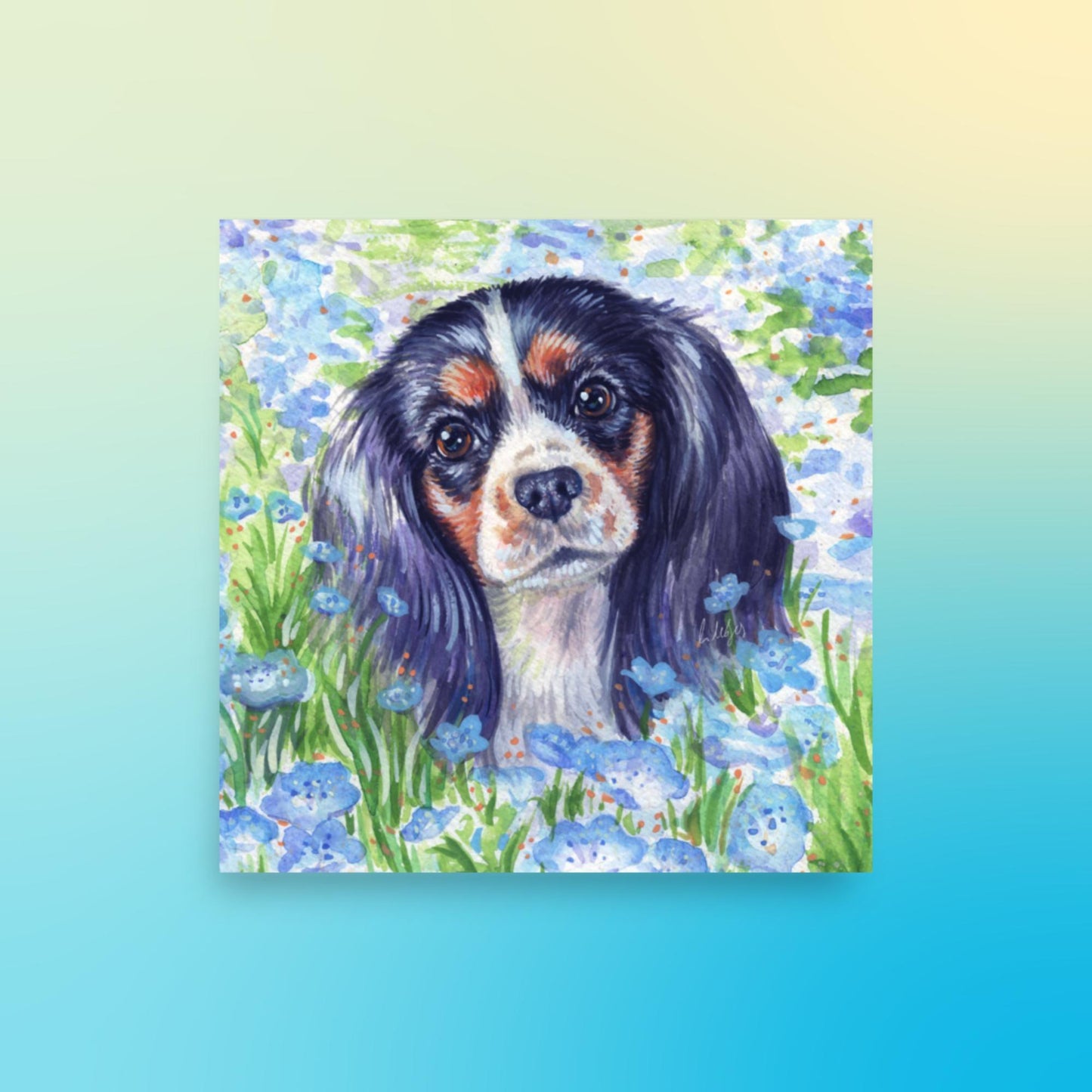 Tri Cavalier King Charles Spaniel Art Print - Blue Flowers - Jolly Pet Portraits