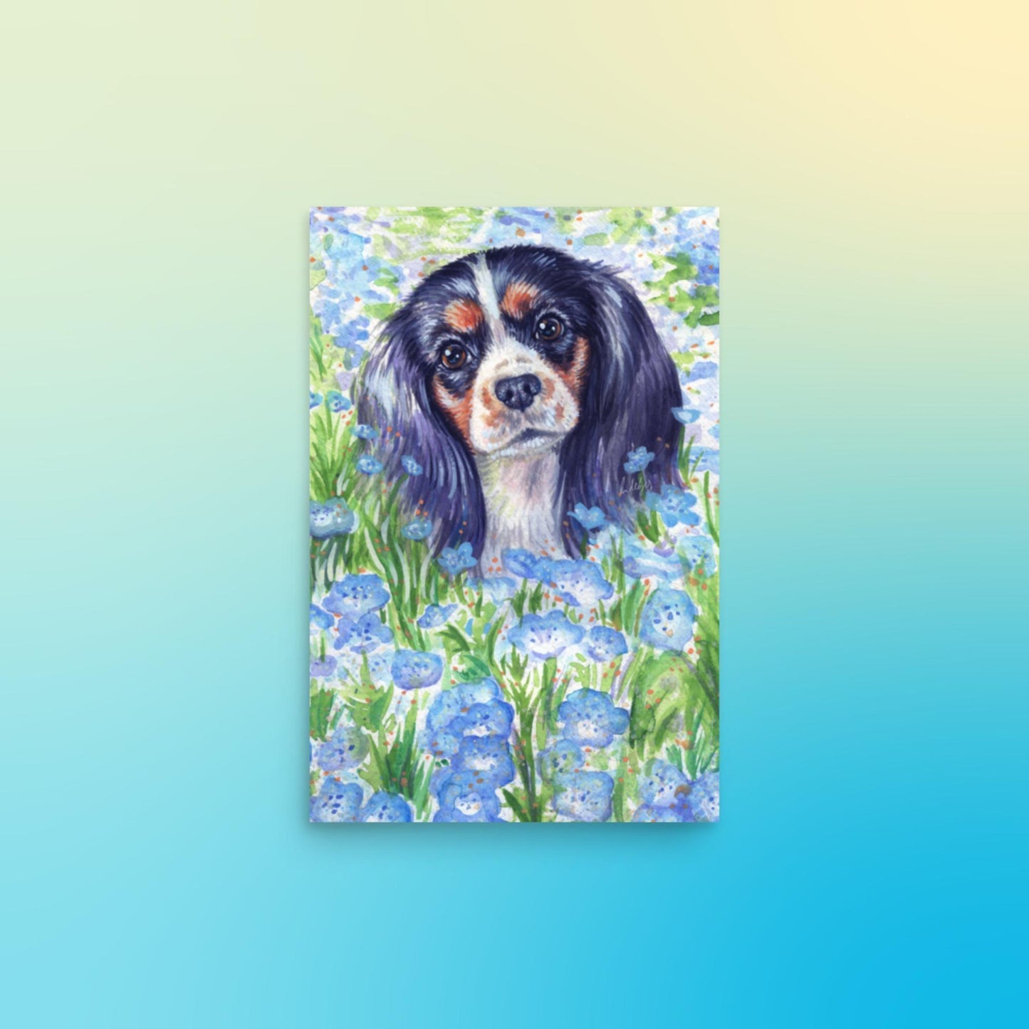 Tri Cavalier King Charles Spaniel Art Print - Blue Flowers - Jolly Pet Portraits