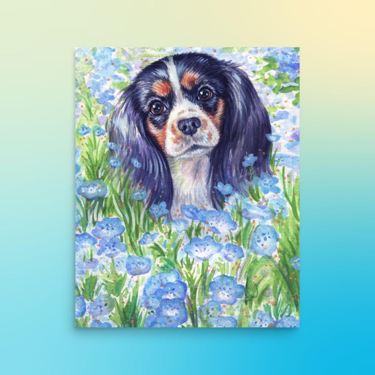 Tri Cavalier King Charles Spaniel Art Print - Blue Flowers - Jolly Pet Portraits