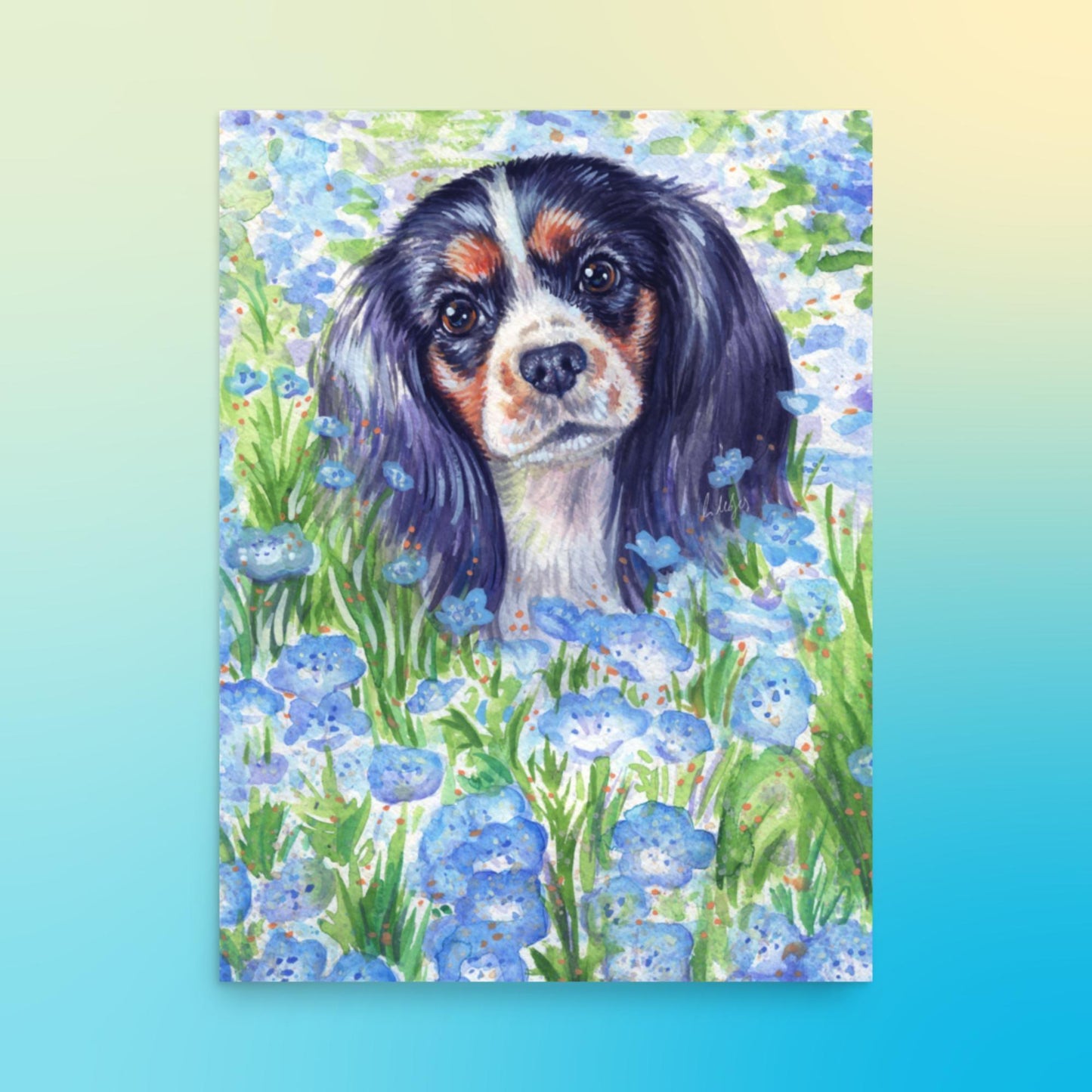 Tri Cavalier King Charles Spaniel Art Print - Blue Flowers - Jolly Pet Portraits