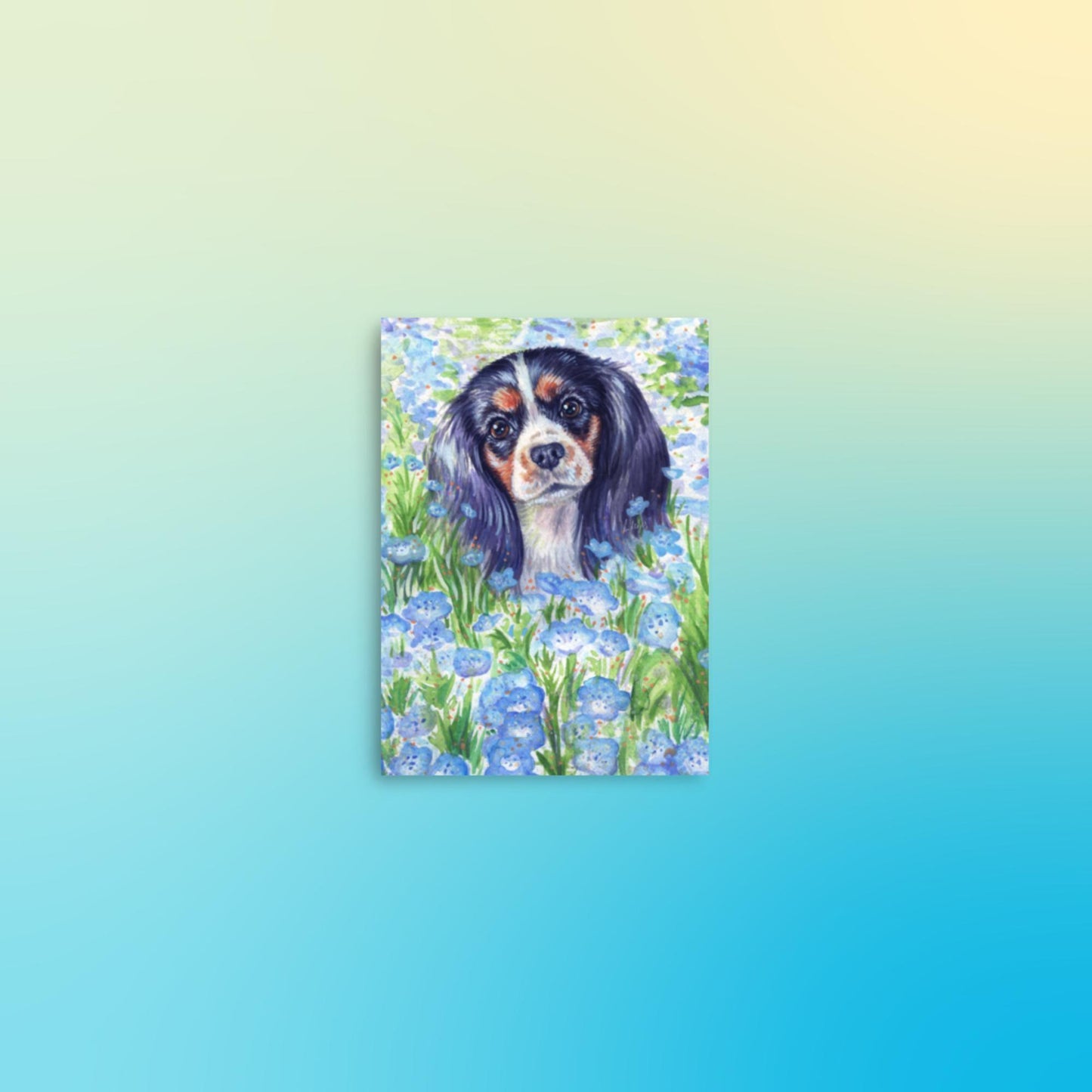 Tri Cavalier King Charles Spaniel Art Print - Blue Flowers - Jolly Pet Portraits