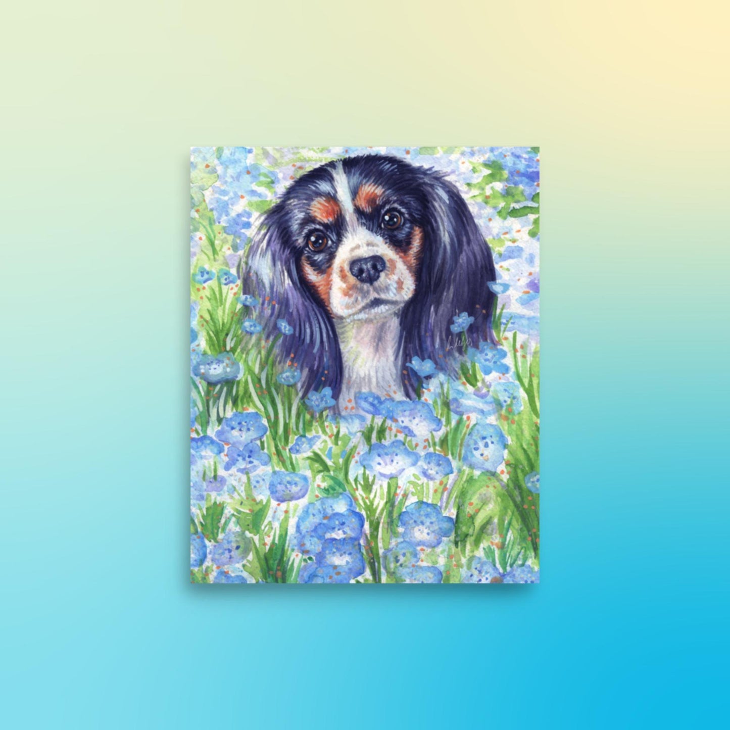 Tri Cavalier King Charles Spaniel Art Print - Blue Flowers - Jolly Pet Portraits