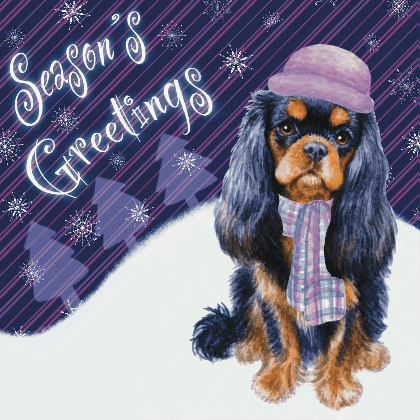 Cavalier King Charles Spaniel Christmas card Greeting Cards Jolly Pet Portraits Dark purple - Black and Tan