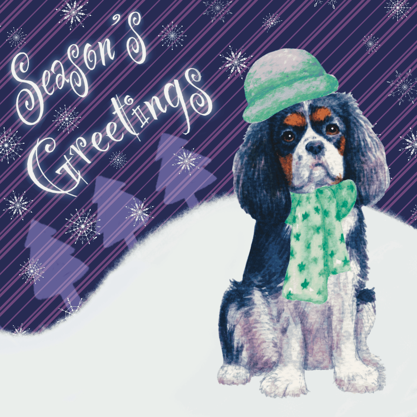Cavalier King Charles Spaniel Christmas card Greeting Cards Jolly Pet Portraits Dark purple Tri colour
