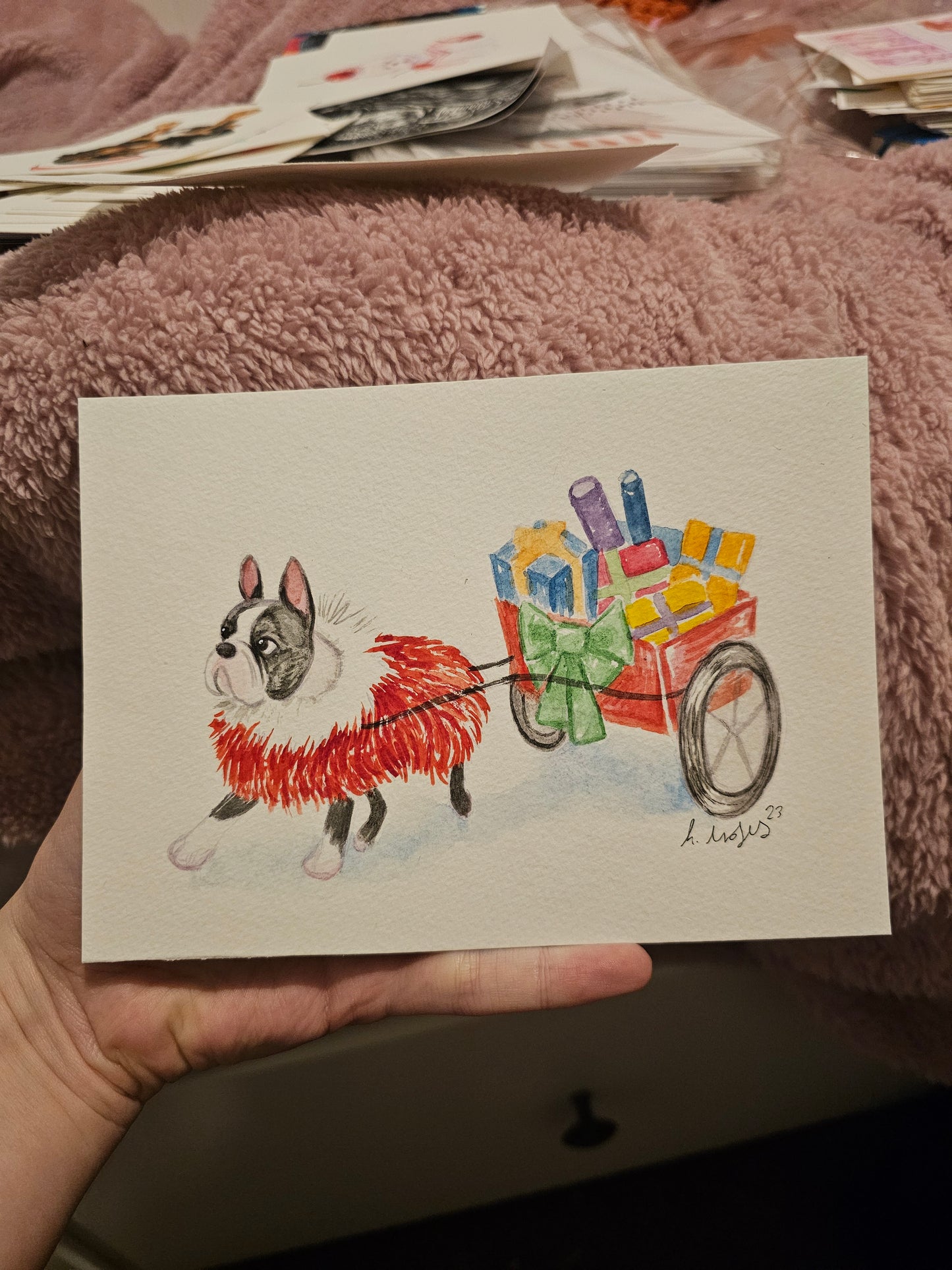 Boston Terrier Christmas Sleigh Original Artwork