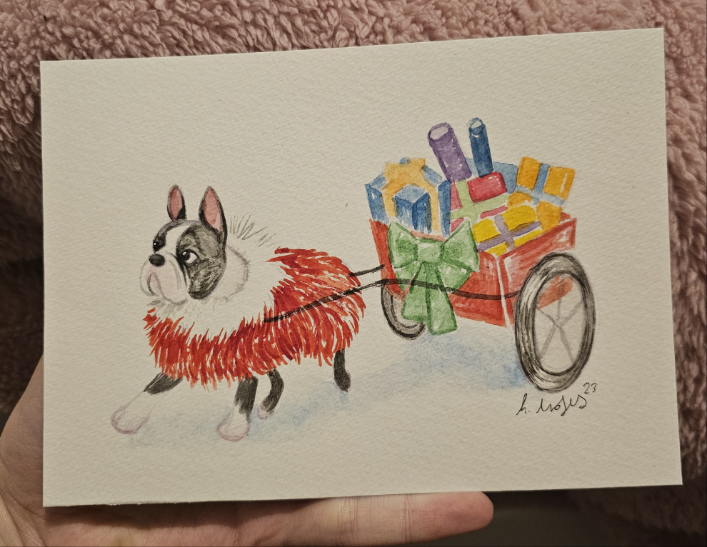 Boston Terrier Christmas Sleigh Original Artwork