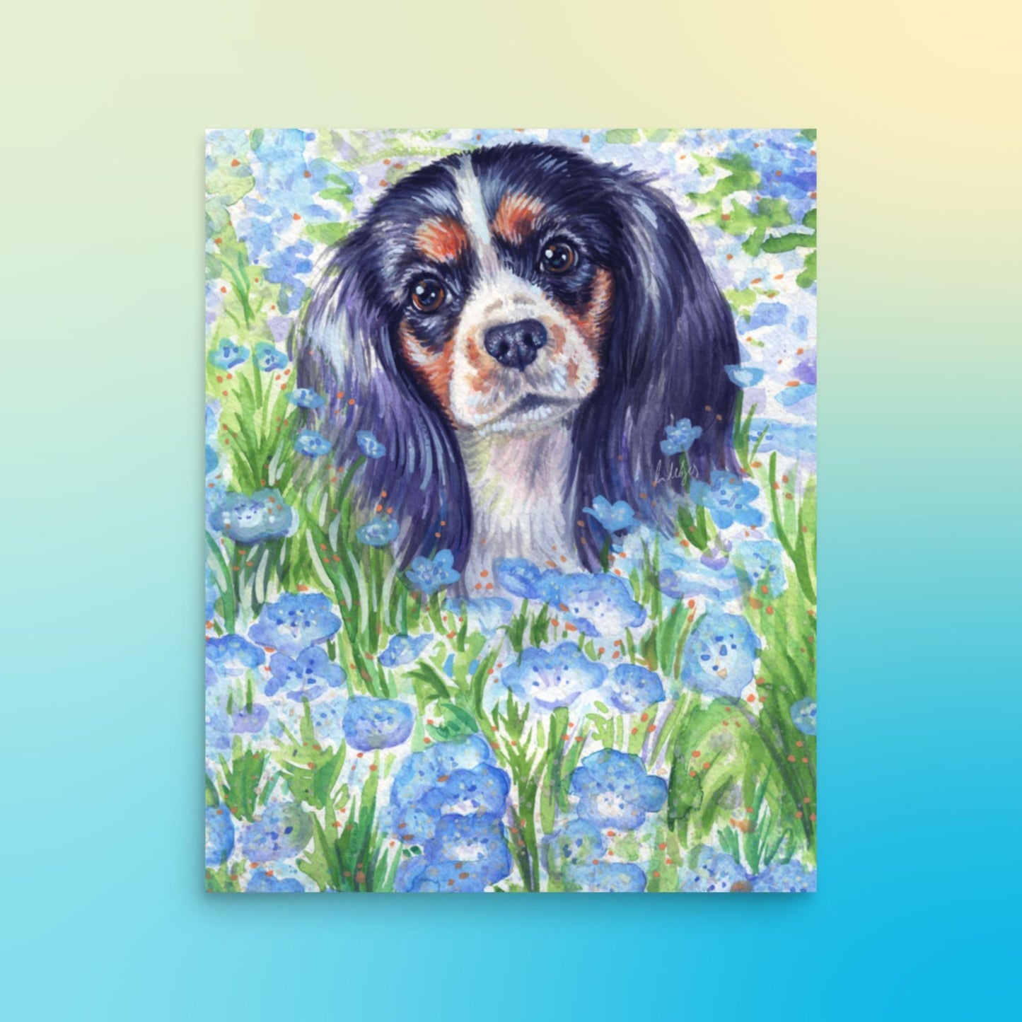 Tri Cavalier King Charles Spaniel Art Print - Blue Flowers - Jolly Pet Portraits 