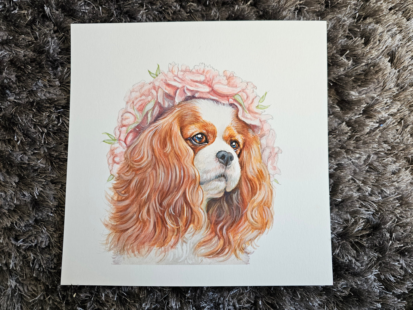 Floral Garland Blenheim Cavalier Gouache Original Painting - 8 x 8 inches